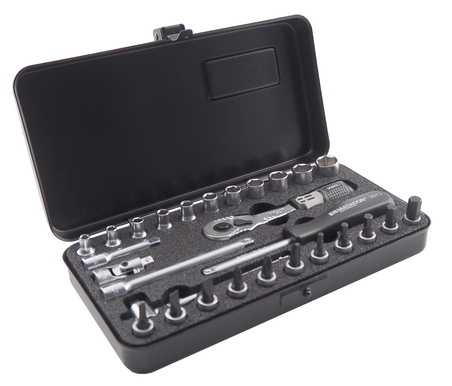 1/4" Dopsleutelset 4-13mm + Bitset in metalen kist, 28-delig