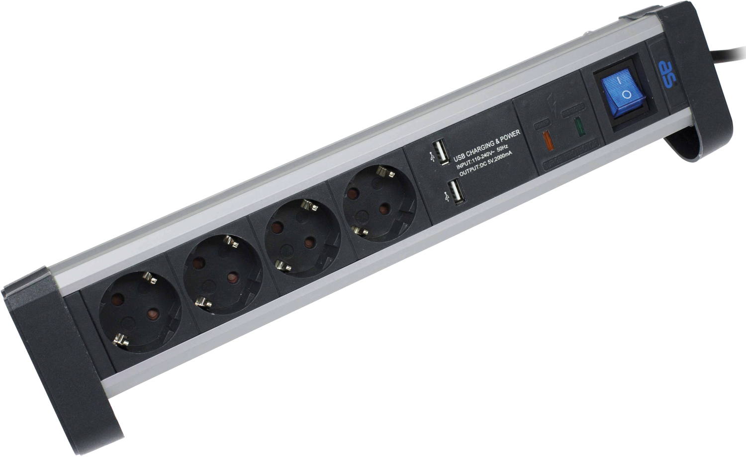 Stekkerdoos 4x randaarde + 2x USB kabel H05VV-F 3G1,5 alu/zwart 1,5m